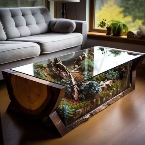 A Scandinavian-style coffee table with natural wood and white accents. Terrarium Furniture Ideas, Terrarium Interior Design, Glass And Wood Coffee Table, Terrarium Coffee Table, Table Terrarium, Living Terrarium, Animal Coffee Table, Terrarium Table, Aquarium Coffee Table