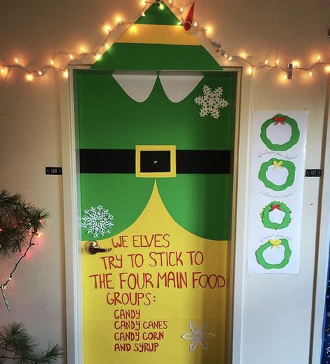 #elf #buddytheelf #christmas #decoration #holiday Elf Office Door, Elves At Work Door Decoration, Elf School Door Decorations, Elf Theme Christmas Decorations, Elf Christmas Door Decorating Contest, Elf The Movie Door Decorations, Buddy The Elf Themed Christmas Classroom Decor, Elf School Decorations, Elf Movie Door Decorations Classroom