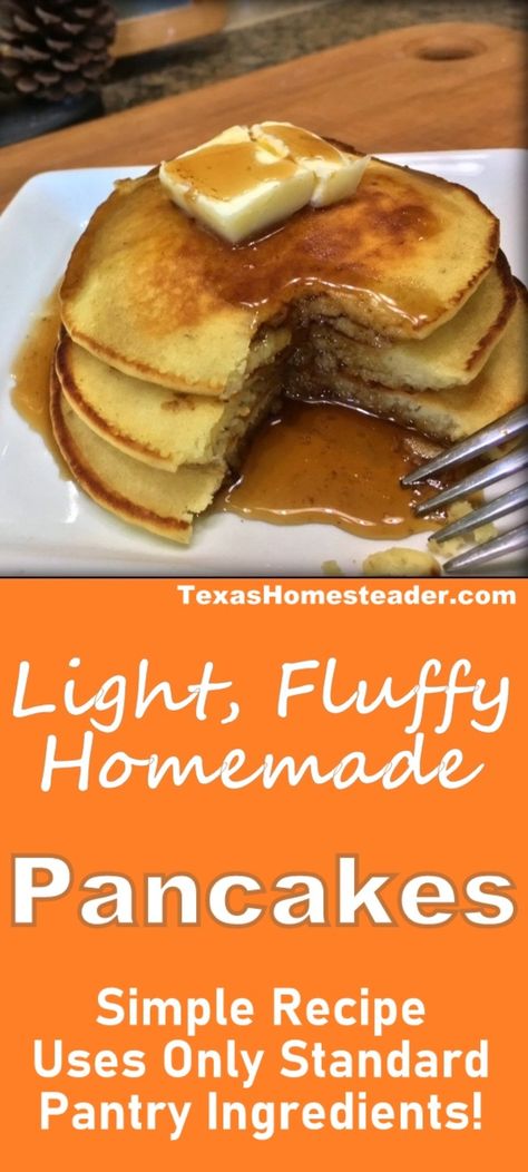 Simple Light Fluffy Homemade Pancake Recipe. ~ Texas Homesteader ~ Diy Pancakes Recipe, Home Made Pancakes Recipe, Easy Pancake Mix Recipe, Buttery Pancakes, Quick Pancake Recipe, Homemade Pancake Mix Recipe, Easy Homemade Pancake Recipe, Fluffy Homemade Pancakes, Easy Pancake Mix