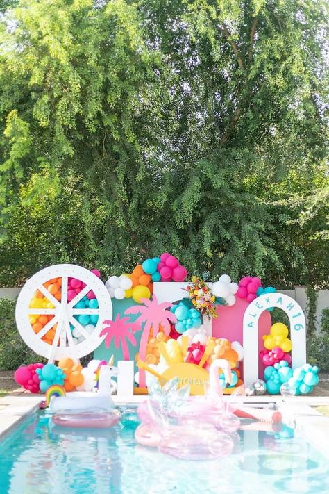 Kara's Party Ideas Festival Coachella Sweet 16 | Kara's Party Ideas Coachella Birthday Party, Coachella Party Theme, Coachella Pool Party, Coachella Party Ideas, Coachella Theme Party, Coachella Theme, Coachella Birthday, Colorful Festival, Coachella Party