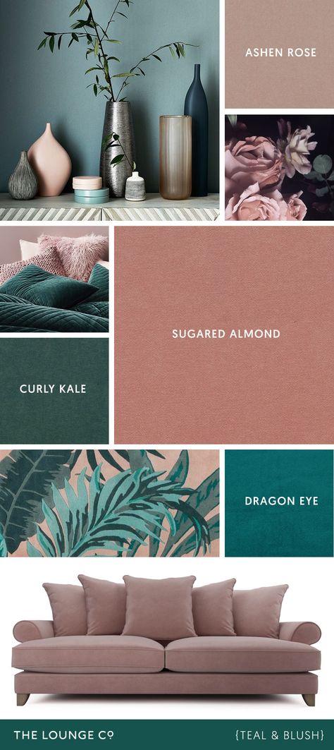 Colour Combinations - Teal & Blush | For a stylish tonal pairing that's unusual yet highly effective, choose blush pink and dark teal. A dramatic combination that is bold and modern... #theloungeco #lounge #livingroom #moodboard #interiormoodboard #interiordesign #colour #colourcombinations #blushpink #teal #darkgreen #interiorinspiration Color Palette Living Room, Teal Bedroom, Decor Ikea, Living Room Color Schemes, Room Color Schemes, Bedroom Color Schemes, Bohol, Lounge Decor, Decor Minimalist