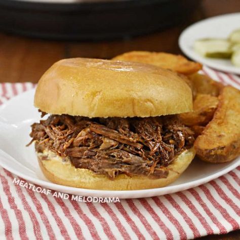 Instant Pot BBQ Beef Roast is fork tender, juicy and delicious. Make the best shredded barbecue beef sandwiches with this easy recipe for pressure cooker chuck roast. Instant Pot Bbq Beef, Bbq Beef Roast, Slow Cooker Bbq Beef, Bbq Beef Sandwiches, Beef Sandwich Recipes, Beef Sandwiches, Beef Roast, Slow Cooker Bbq, French Dip Sandwich