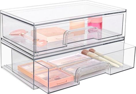 12''W Clear Stackable Storage Drawers,2 Pack Acrylic Plastic Organizers Bins for Makeup Palettes, Cosmetics, and Beauty Supplies,Ideal for Vanity, Bathroom,Cabinet,Desk Organization Acrylic Drawer Organizer, Clear Acrylic Makeup Organizer, Room Pantry, Clear Makeup Organizer, Cabinet Desk, Drawer Dimensions, Acrylic Drawers, Countertop Storage, Makeup Palettes