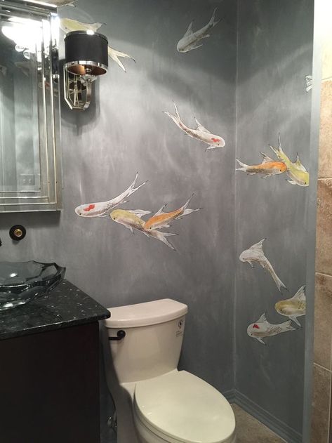 Koi Fish Wallpaper Bathroom, Sea Life Bathroom, Bathroom Ceiling Mural, Feature Wall Small Bathroom, Unique Bathroom Walls, Water Themed Bathroom, Koi Fish Bathroom, Small Bathroom Mural Ideas, Bathroom Murals Painted