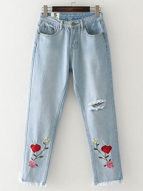 Stylish Jeans Top, Flower Embroidered Jeans, Girls Jeans Top, Jean Diy, Womens Pants Design, Outfits Con Jeans, Flower Jeans, Destructed Jeans, Floral Jeans