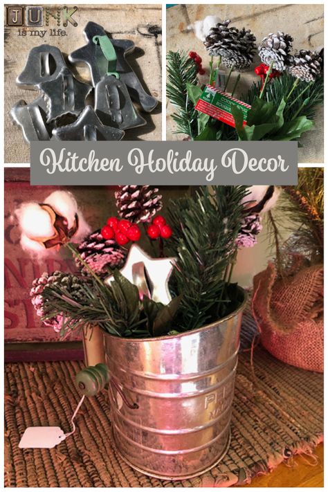 Decorating With Old Flour Sifters, Decorating With Vintage Kitchen Utensils, Flour Sifter Christmas Ideas, Junk Crafts, Flour Sifters, Baking Decor, Holiday Kitchen Decor, Vintage Christmas Crafts, Diy Shows