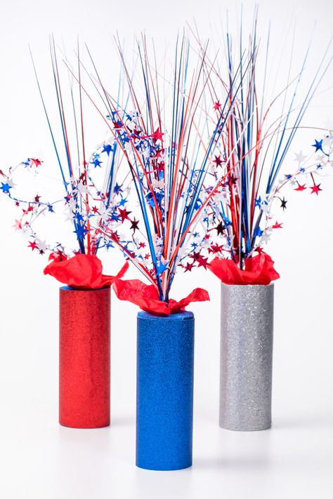 Patriotic pool noodle firecracker centerpiece Patriotic Scrapbook, July Decoration, Pool Noodle Crafts, Patriotic Centerpieces, Fire Cracker, Yankee Doodle, Summer Centerpieces, Fourth Of July Decorations, 4th Of July Parade