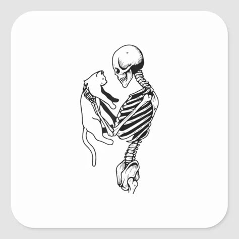 Skeleton And Cat Art, Goofy Skeleton Tattoo, Libra Cat Tattoo, Skeleton With Cat Tattoo, Skeleton Holding Cat Tattoo, Skeleton And Cat Tattoo, Cat Holding Knife Tattoo, Funny Skeleton Drawing, Skeleton Torso Tattoo