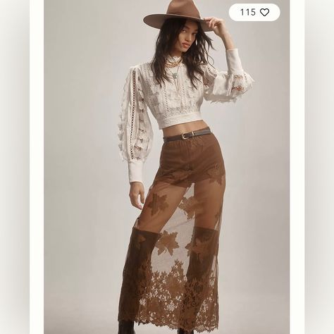 New With Tags- Perfect Condition Anthropologie Beautiful Sheer/Flower Detailed Skirt In Brown Size Large Open To Offers!! Lace Shirt With Skirt, Western Summer Outfits Women, Sheer Skirt Outfit, Stagecoach Outfits, Western Shower, 2023 Wardrobe, Cowgirl Photoshoot, Coachella 2024, Solar Punk