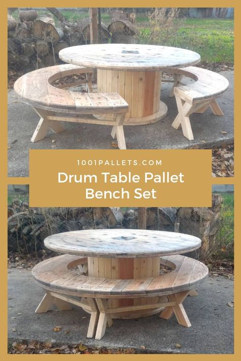 Cable Reel Table, Wooden Spool Tables, Wooden Spool Projects, Table Pallet, Spool Furniture, Pallet Furniture Plans, Spool Tables, Cable Reel, Pallet Bench