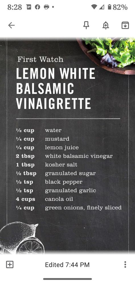 First Watch Copycat Drinks, First Watch Lemon Dressing, White Balsamic Vinegar Recipes, White Balsamic Vinaigrette Dressing, Lemon Salad Dressings, Balsamic Vinegar Recipes, White Balsamic Vinaigrette, Vinaigrette Dressing Recipe, Vision 2023