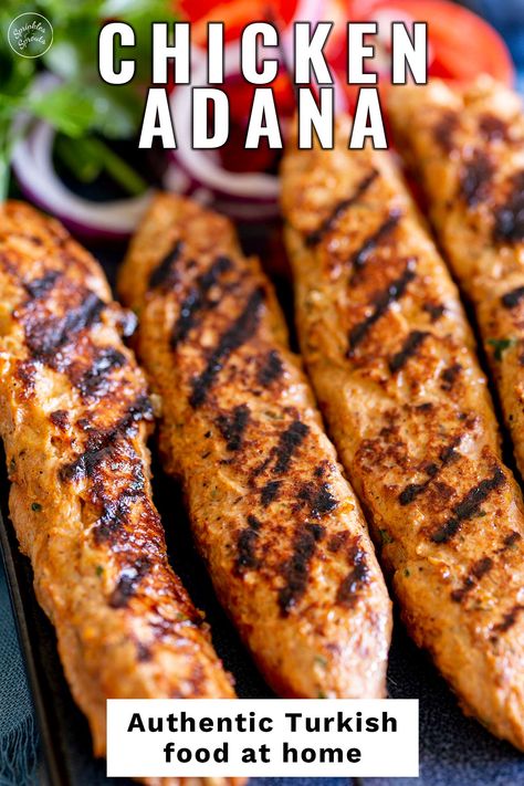 Chicken Adana Kebab Recipe, Chicken Adana, Turkish Chicken Kebab, Adana Kebab Recipe, Easy Summer Dinner, Mediterranean Recipe, Sprouts Recipes, Chicken Kebab Recipe, Kebabs On The Grill