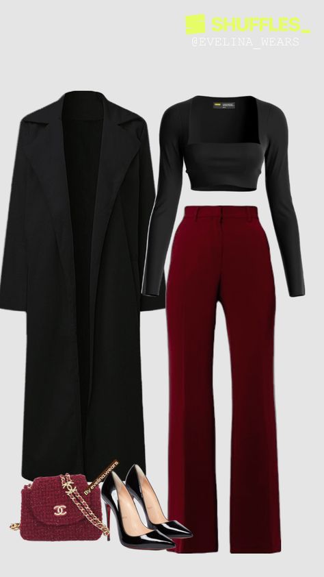 Created by evelina_wears on Shuffles Dark Feminine Fashion, Feminine Outfits Classy, Feminine Outfits Casual, Feminine Style Casual, Red Color Outfits, Dark Feminine Style, Feminine Aesthetic Outfits, Outfit Office, Elegant Classy Outfits