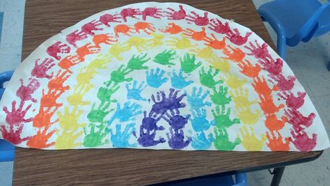 Handprint rainbow. Preschool class project :) Rainbow Kindergarten Graduation, Rainbow Graduation Theme, Handprint Rainbow, Rainbow Preschool, Kindergarden Graduation, Preschool Graduation Party, Prek Graduation, Kindergarten Party, Kindergarten Graduation Party