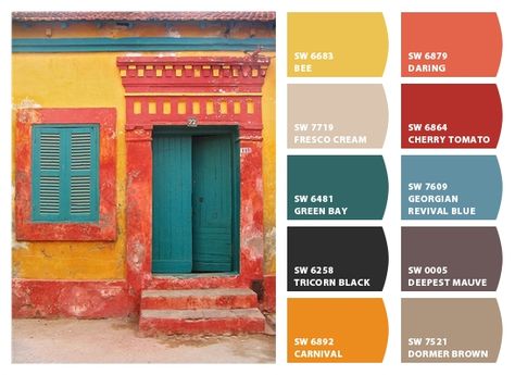 Instantly turn any picture into a palette with ColorSnap, created for you by Sherwin-Williams. Mexican Color Scheme, Mexican Color Palette, Mexican Interiors, Spanish Colors, Southwest Colors, Mexican Colors, Mexican Kitchens, Mexican Home Decor, Mexican Home