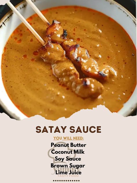 Satay sauce, a rich and creamy peanut sauce, is a classic accompaniment to skewered meats known as satay. Originating from Southeast Asia, this sauce adds a deliciously nutty and slightly spicy flavor to any dish. Here’s how to make it at home: Satay Sauce Recipe Ingredients: Peanut Butter (1 cup): Smooth or crunchy, depending on your texture preference. Coconut Milk (1 cup): Adds creaminess and a subtle coconut flavor. Soy Sauce (2 tablespoons): Provides umami and saltiness. Brown Sugar (2 ... Satay Sauce Recipe, Peanut Satay Sauce, Smooth Peanut Butter, Homemade Tartar Sauce, Grandma Cooking, Satay Sauce, Coconut Peanut Butter, Burger Sauce, Grandmas Recipes