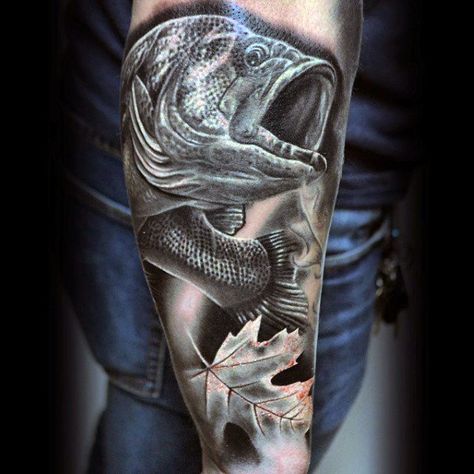 Mens Half Sleeve Tattoo In Black And White With Bass And Leaf Bass Fish Tattoo For Men, Eagle Catching Fish Tattoo, Bass Fishing Tattoo For Men, Fishing Tattoo For Men, Leaf Arm Tattoo, Finn Tattoo, Bass Tattoo, Bass Fishing Tattoo, Arm Tattoo Design