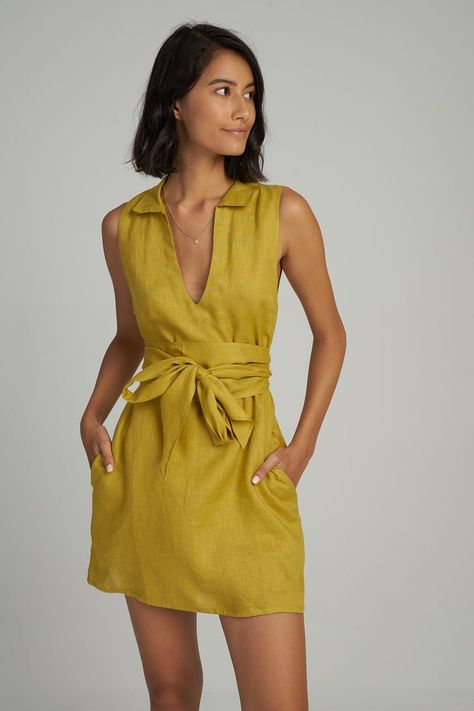 The Lisse Linen Dress by LILYA is a high Summer, short version of our Selma Dress. Show off your tan in this striking yellow dress which is made from luxurious linen and is universally flattering and comfortable. This chic mini dress features a collared v neck, short sleeves and handy side pockets. Choose to enhance your silhouette by wearing it with the matching belt or wear loose for a more casual weekend look. Linen Dresses Summer, Chic Mini Dress, Maxi Design, Fancy Frocks, Fancy Gowns, Linen Fashion, Mode Casual, Fall Fashion Outfits, Linen Dresses