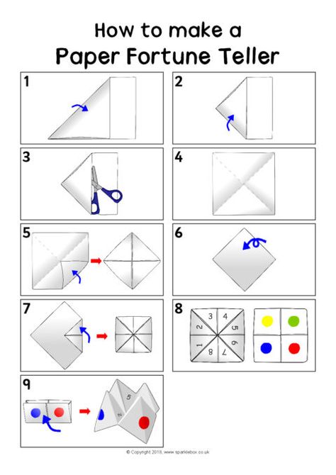 How to Make a Paper Fortune Teller Instruction Sheet (SB12405) - SparkleBox How To Make A Fortune Teller, Paper Fourtion Teller, Fortune Teller Template Free Printable, How To Make A Fortune Teller Paper, Diy Fortune Teller Paper, Origami Fortune Teller Template, Community Paper Fortune Teller, Printable Fortune Teller Origami, Origami Fortune Teller