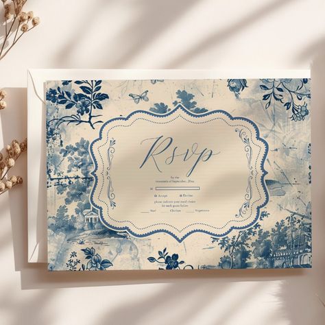 Victorian Dusty Blue French Toile Wedding RSVP Card French Aesthetics, Toile Wedding, Vintage French Art, Blue Floral Wedding, French Toile, Blue Toile, Wedding Rsvp Card, Blue French, Rsvp Wedding Cards