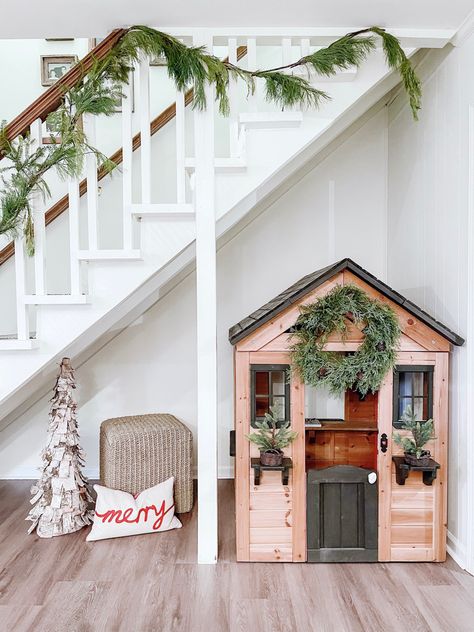 Christmas Playhouse Decor, Playhouse Christmas Decor, Christmas Playhouse, Cedar Playhouse, Playhouse Decor, Gingerbread Christmas Decor, Under The Stairs, Cedar Homes, Holiday Greenery