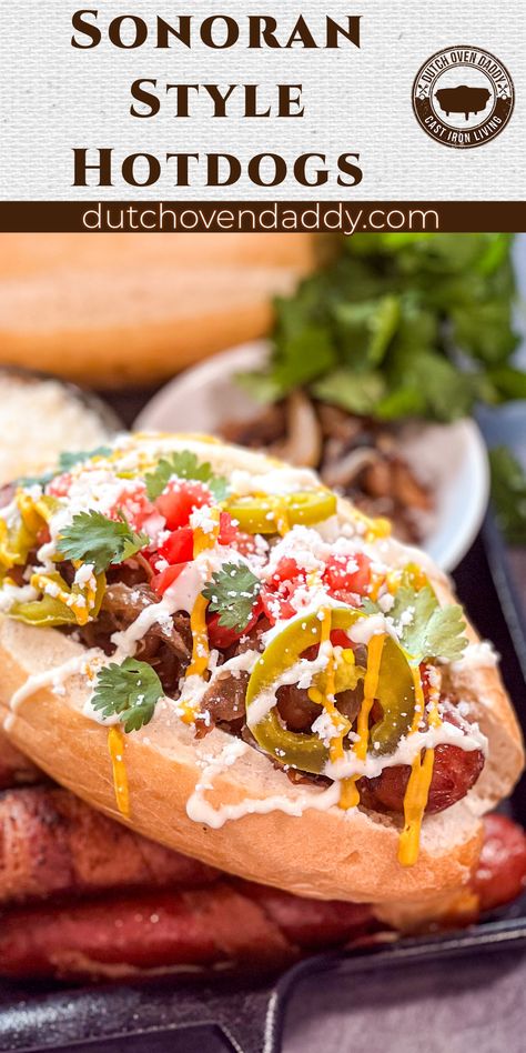 The flavor explosion after the first bite of these Sonoran Style Hotdogs will have you declaring these are the best hot dogs around. Sonoran Dogs Recipe, Pub Food Ideas, Sonoran Hot Dog Recipe, Gourmet Hotdogs, Sonoran Dogs, Mexican Hot Dogs, Sonoran Hot Dog, Football Recipes, Best Hot Dogs