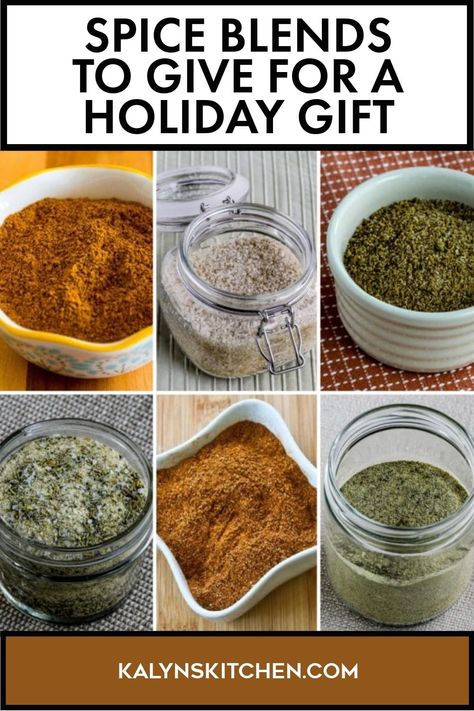 "Pinterest Image of Spice Blends to Give for a Holiday Gift showing six different spice blends in various containers with different backgrounds." Gift Spice Mixes, Spice Gifts Diy, Spices That Go Well Together, Homemade Spice Mixes Gift, Savory Spice Blend, Spice Blends For Coffee, Diy Spice Blends Homemade Seasonings, Seasoning Mixes Gift, Seasoning Mixes Spice Combinations