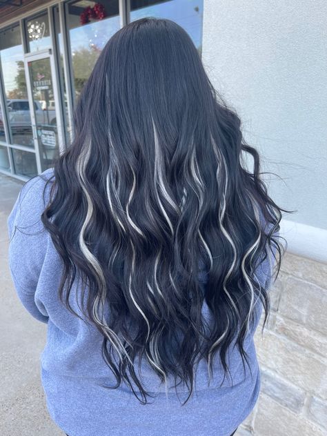 Hair Extensions Ideas Colors, White And Black Hair Extensions, Long Dark Brown Hair With Blonde Underneath, Emo Ombre Hair, Black And Hair Color, Long Black Hair With White Highlights, Chunky White Highlights On Black Hair, Long Black Hair With Layers And Highlights, Long Hair Peekaboo Color