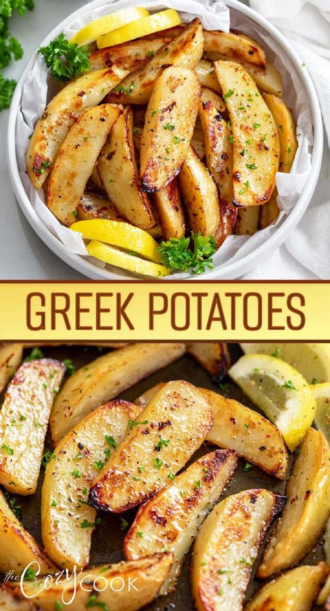 These Greek Potatoes are easy to roast in the oven and have the most amazing flavor. They're a great side dish idea for chicken, pork, lamb, beef, and more! Greek Dinners Easy, Greek Rice And Potatoes, Greek Easter Dinner Menu Ideas, Side Dishes For Gyros, Greek Chicken Side Dish, Side For Gyros, Gyros Side Dish, Easter Dinner Ideas Lamb, Side Dishes For Greek Chicken