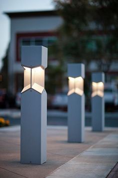 Knight Bollards shown in security bollard configuration with Silver Texture powdercoat at Pacific Office Plaza, Tustin, California Outdoor Lighting Design, Driveway Lighting, Concrete Light, Urban Lighting, Urban Furniture, Outdoor Floor Lamps, Bollard Lighting, Street Furniture, Concrete Design