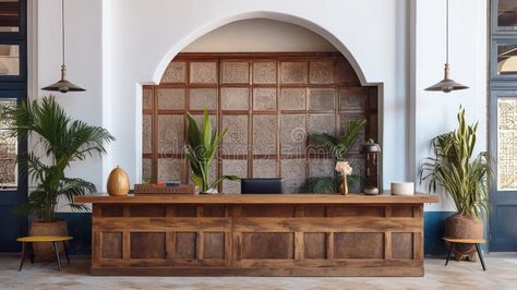 Generative AI, Front desk of boho hotel, reception stock photos Wicker Reception Desk, Small Hotel Lobby Design Reception Desks, Hotel Reception Interior Design, Boutique Hotel Reception, Traditional Reception Desk, Pos Counter, Reception Interior Design, Wooden Reception Desk, Tropical Hotel