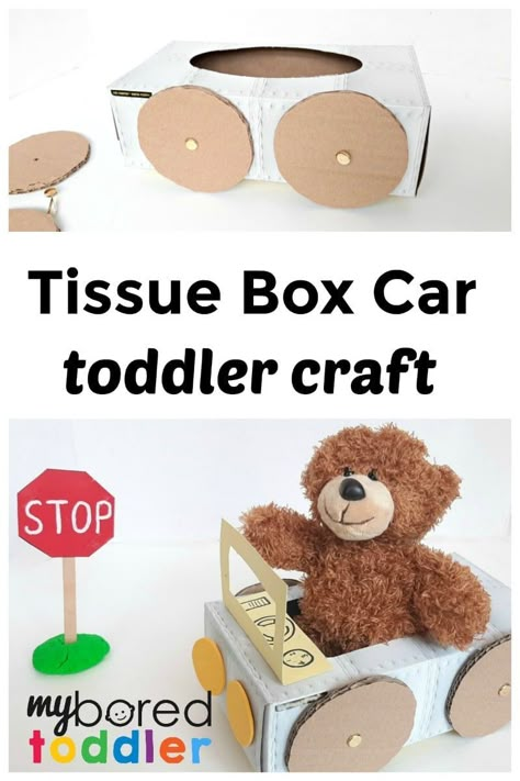 Tissue Box Car Toddler Craft! #myboredtoddler #crafts #toddlers #activities #indooractivities Box Craft Ideas, Messy Activities, Crafts Toddlers, Tissue Box Crafts, Cardboard Box Car, Toddlers Activities, Easy Toddler Crafts, Car Activities, Toddler Craft