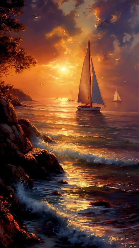 Beach Scene Painting, Sunset Canvas Painting, Scene Painting, Painting Sunset, Floral Tattoo Sleeve, Boat Painting, Sunset Canvas, Amazing Nature Photos, Sail Boat