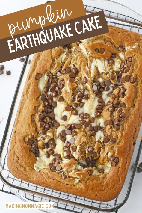 This Pumpkin Earthquake Cake is so delicious. It is the perfect Thanksgiving dessert, or anytime treat during pumpkin season! Pumpkin Spice Earth Quake Cake, Pumpkin Dirt Cake, Pumpkin Earthquake Cake, Chocolate Chip Pumpkin Cake, Pumpkin Earthquake Cake Recipe, Pumpkin Crumble Cake, Cherry Yum Yum Recipe, Earthquake Cake Recipes, Earthquake Cake