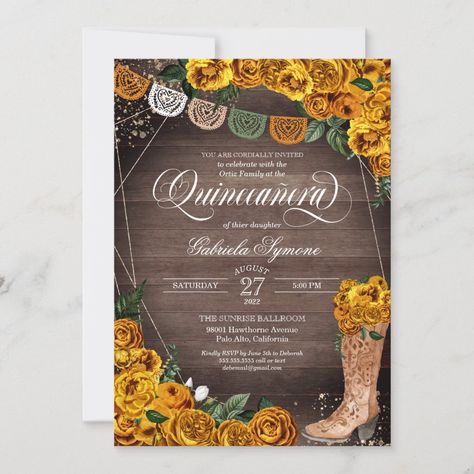 Sunflower Charro Quince, Charro Invitations Quinceanera, Charro Quinceanera Theme, Charro Invitations, Rustic Quinceanera, Quinceñera Invitations, 15th Birthday Party Ideas, Mexican Quinceanera Dresses, Quinceañera Invitation