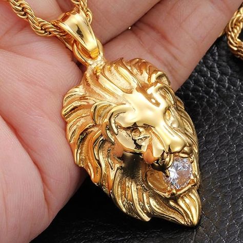 Jewelry Kingdom 1 Stainless Steel Vintage Men's Gold Lion Pendant Necklace White Stone Rope Chain 24" | Amazon.com Lion Pendant Gold, Lion Necklace, Vintage Pendant Necklace, Lion Pendant, Lion Images, Gold Lion, Christmas Birthday Party, Plate Necklace, Mens Pendant