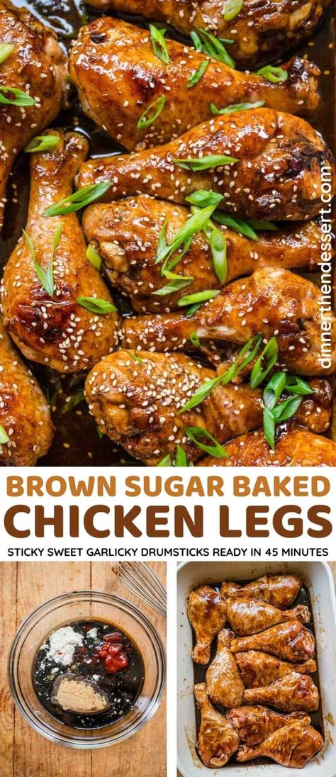 Brown Sugar Garlic Baked Chicken Legs are sticky sweet garlicky drumsticks perfect for a weeknight meal. Easy juicy, flavorful baked chicken! Chicken Drum Crockpot Drumstick Recipes, Chicken Leg Ideas, Honey Drumsticks, Drumstick Recipes Baked, Chicken Leg Recipes Oven, Chicken Drum Sticks, Chicken Drumstick Recipes Oven, Drumstick Recipes Oven, Flavorful Baked Chicken