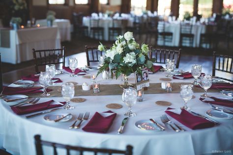 Rustic Vermont wedding in Timber hall. Maroon napkins with burlap runners are the perfect touch for a fall feel #strattonwedding Photo by Peter Lott Photography Maroon Napkins Wedding, Napkins Table Settings, Burgundy Wedding Table, Burlap Runners, Napkins Wedding, Vermont Wedding, 70th Birthday Parties, Wedding Color Palette, Fall Feels