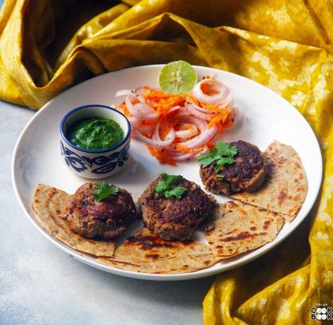 Galouti Kebab Photography, Kebab Photography, Buffalo Meat, Kebab Recipe, Goat Meat, Green Papaya, Onion Salad, Kebab Recipes, Green Chutney