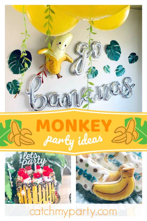 Monkey Party Food Ideas, Monkey Bday Party, Lets Go Bananas Birthday, Monkey Second Birthday, Monkey Party Food, Monkey See Monkey Two Birthday Party, Monkey Banana Birthday Party, Banana Party Food, Banana Theme Party