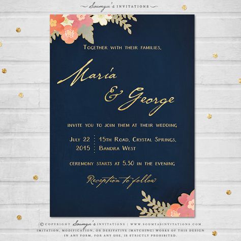 Navy Blue and Gold Wedding Invitation, Navy Blush Pink Coral Peach Wedding Invitation, Rustic Floral Wedding Invitation Set, Spring Summer Garden Wedding Invitation Invite Set by Soumya's Invitations Boho Chic Invitations, Blue And Peach Wedding, Boho Chic Wedding Invitations, Peach Wedding Invitations, Romantic Wedding Receptions, Summer Garden Wedding, Burgundy Wedding Invitations, Navy Wedding Invitations, Garden Wedding Invitations