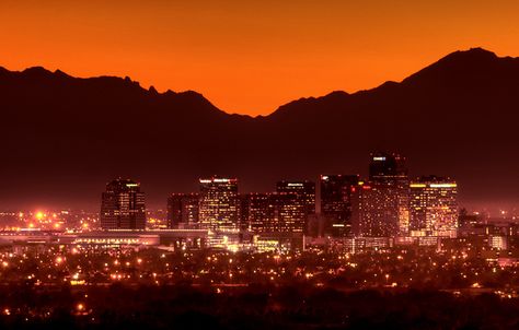 Phoenix, Arizona. I would say the best time to go would be winter time.....but they have no winter time. My mistake was going there in August. Freaking hot at 120 degrees and it was midnight. Phoenix Arizona Aesthetic, Dream Roadtrip, Phoenix Skyline, Arizona Aesthetic, City View Night, Phoenix Images, Arizona City, Arizona Landscape, Lowrider Art