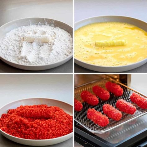 Cheeto Mozzarella Sticks, String Cheese Mozzarella Sticks, Hot Cheeto Mozzarella Sticks, String Cheese Recipes, Spicy Cheetos, Cheetos Recipe, Fried Cheese Sticks, Cheese Sticks Recipe, Homemade Mozzarella Sticks