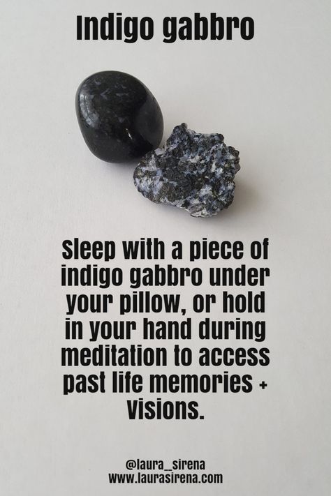 Working with indigo gabbro can be incredibly helpful when you're trying to access past life memories. Sleeping with a piece of indigo gabbro - also known as mystic merlinite - in your hand or under your pillow can help you access these visions via your dreams. Your guides and angels are better able to send you signs and symbols in your dreams as you "turn off" your conscious waking self and allow your subconscious and higher self to be influenced. #indigogabbro #crystalsforpastliferecall Gabbro Meaning, Crystals To Put Under Your Pillow, Black Moon Stone Meaning, Black Magic Protection Crystals, Merlinite Crystal Meaning, Indigo Gabbro Crystal Meaning, Crystal Meanings Charts, Spiritual Agate Gemstone Crystals, Energy Stones Crystal Healing