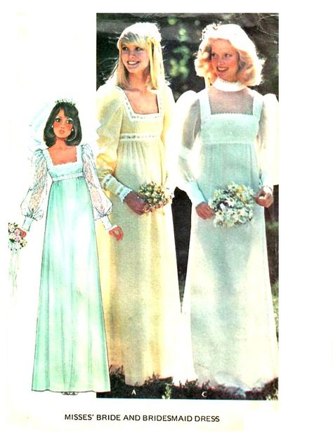 1970s wedding dress and bridesmaid pattern Gown Patterns, Wedding Gown Patterns, Bridal Sewing Patterns, 1970s Wedding, Patron Vintage, Vintage Brides, Wedding Dress Patterns, Gown Pattern, Vintage Weddings