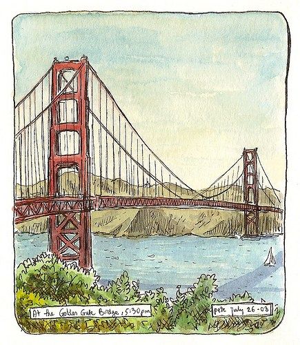 The Golden Gate Bridge Golden Gate Bridge Drawing, Golden Gate Bridge Painting, Bridge Drawing, Book Bookmark, Bridge Painting, San Francisco Art, Watercolor Architecture, The Golden Gate Bridge, Architecture Concept Drawings