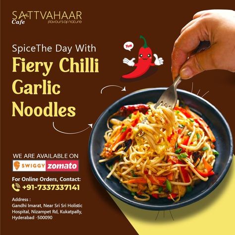 The Chilli Garlic Noodles will satisfy all of your Chinese takeout cravings. Chilli garlic noodles is an Indian-Chinese dish made by tossing boiled noodles in a spicy chili garlic sauce. Order now on Swiggy and Zomato For Online Orders, Contact: +91-7337337141 #Sattvahaar #ChilliGarlicNoodles #garlicnoodles #spicy #Food #Restaurants Chilli Garlic Noodles Recipes, Chilli Oil Noodles Recipe, Chill Garlic Noodles, Chilli Garlic Noodles Photography, Garlic Chili Oil Noodles Recipe, Chilli Garlic Noodles, Foodie Pics, Garlic Noodles, Chili Garlic Sauce