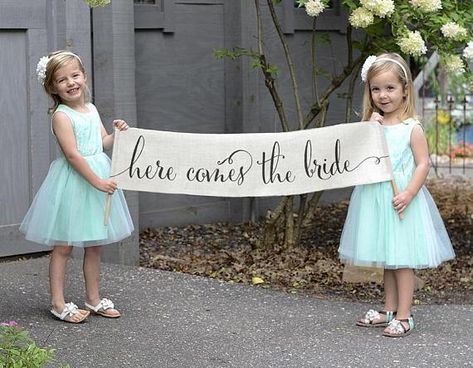 Here Comes The Bride Sign Ideas | here comes the bride sign Here Comes The Bride Banner, Fall Flower Girl, Wedding Scroll, Wedding Reception Entrance, Flower Girl Outfits, Flower Girl Signs, Bride Sign, Wedding Bunting, Bride Flowers