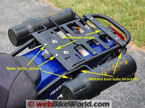 Motorcycle Tool Tubes on Luggage Rack Adventure Motorcycle Gear, Motorcycle Luggage Rack, Motorcycle Storage, Klr 650, Motorcycle Camping Gear, Diy Motorcycle, Motorcycle Equipment, Adventure Motorcycle, Dual Sport Motorcycle