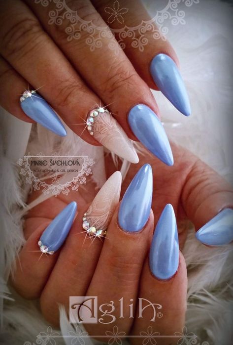 Cute Blue Acrylic Nails, Blue Acrylic Nails Designs, Blue Acrylic Nails Coffin, Blue Stiletto Nails, Nails Rhinestones, Silver Nail Designs, Luminous Nails, Nails Art Ideas, Chrome Nails Designs